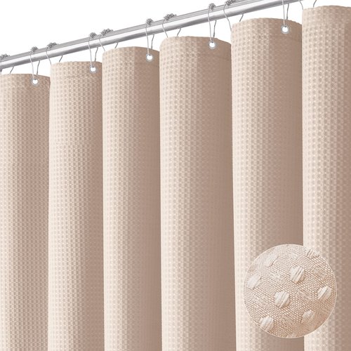 Dynamene Blush Pink Fabric Shower Curtain - Waffle Weave Textured Heavy Duty Cloth Shower Curtains for Bathroom, 256GSM Hotel Luxury Weighted Bath Curtain Set with 12 Hooks,72x72, Blush Pink