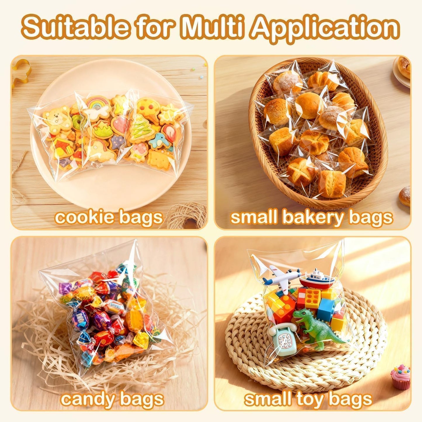 PigPotParty Cookie Bags 4''x 6", 100 Pcs Self Sealing Cellophane Treat Bags, Small Clear Plastic Goodie Bag for Gift, Snack, Party Favor, Candy
