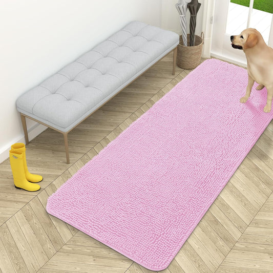 OLANLY Dog Door Mat - Absorbent Non-Slip Mud Mat for Dogs | Quick Dry Chenille, 59x24, Pink