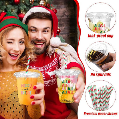 12 oz Christmas Cups with Red & Green Straw Pack of 50 - Disposable Plastic Cups with Lids, Jingmore Variation: Red and Green+12 Ounces