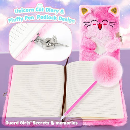 13PCS Unicorn Cat Toys Gifts for Girls 4-6 7 8 9 10 Years Old, Girls Birthday Gifts Set with Light Up Star Pillow DIY Water Bottle Kits, for Daughter Niece Christmas Birthday Baskets for Kids