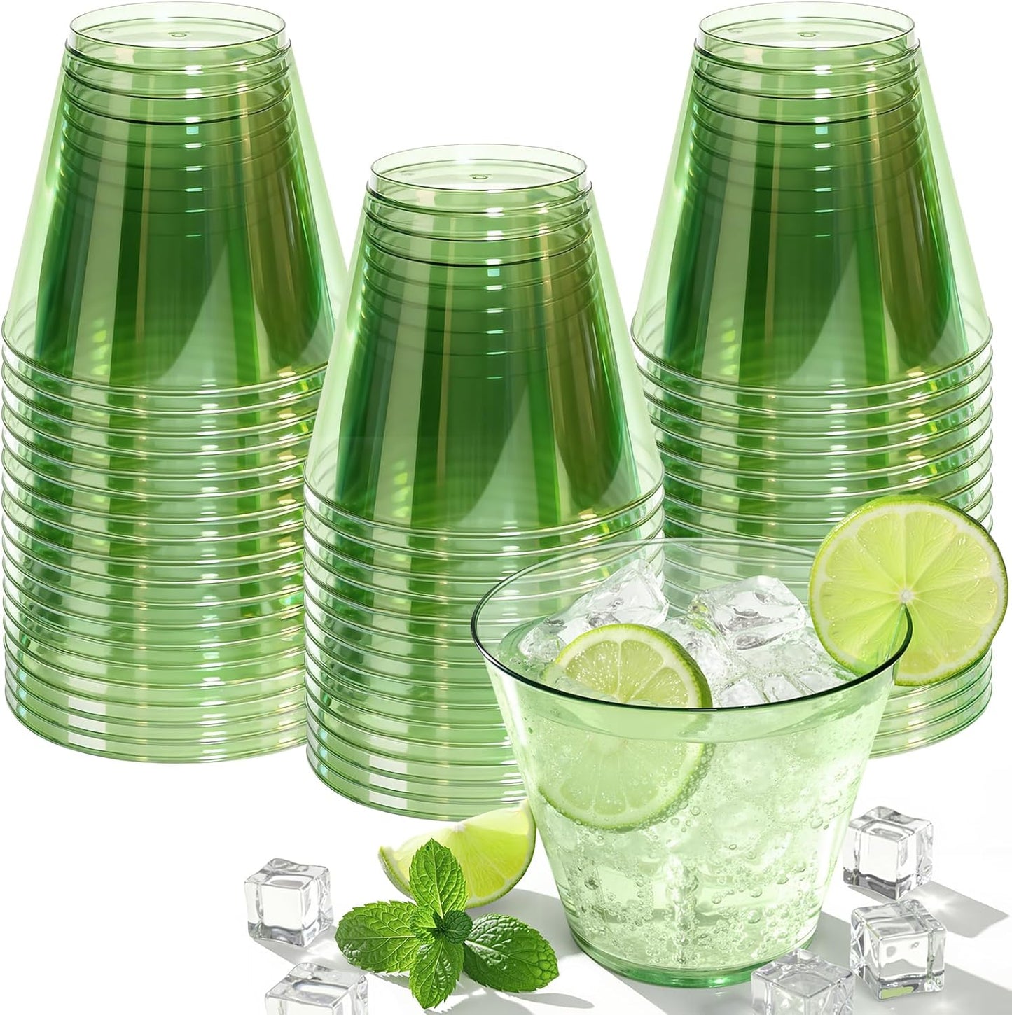 Skiennix 9 Oz Clear Plastic Cups - Green Disposable Cocktail Cups | 50 Pack for Parties & Events