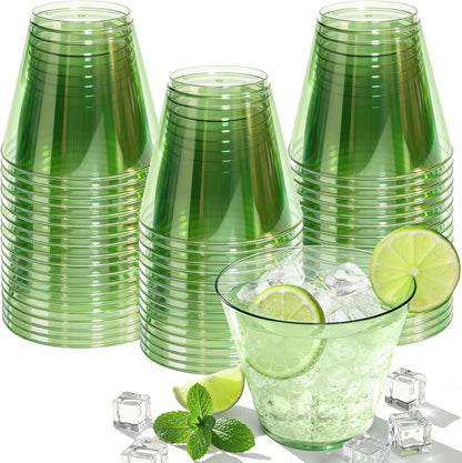 Skiennix 9 Oz Clear Plastic Cups - Green Disposable Cocktail Cups | 50 Pack for Parties & Events