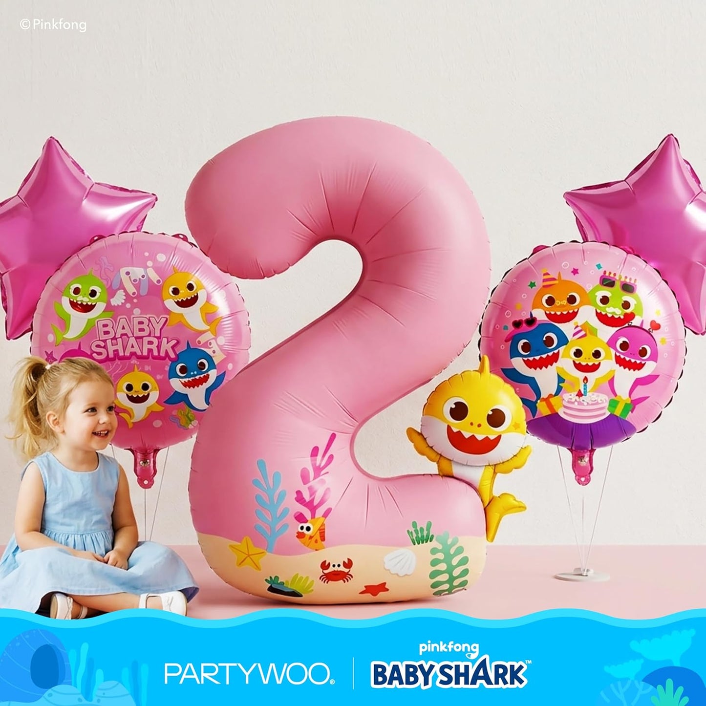 PartyWoo Baby Shark Pink Foil Number 2 Balloon - 5pcs 18-Inch Round Mylar Helium Birthday Decorations for Kids