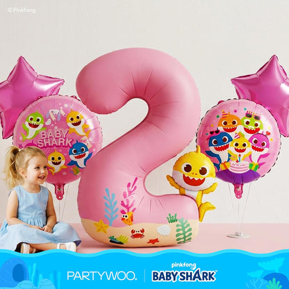 PartyWoo Baby Shark Pink Foil Number 2 Balloon - 5pcs 18-Inch Round Mylar Helium Birthday Decorations for Kids