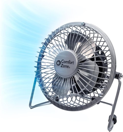 Comfort Zone Mini Desk Fan - High Velocity 4-Inch All-Metal USB Fan with 360° Tilt & Quiet Operation | Portable for Home & Travel