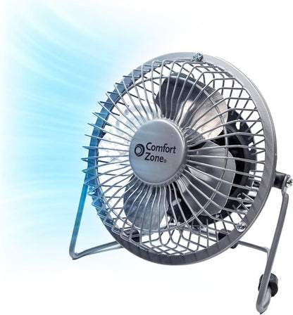 Comfort Zone Mini Desk Fan - High Velocity 4-Inch All-Metal USB Fan with 360° Tilt & Quiet Operation | Portable for Home & Travel