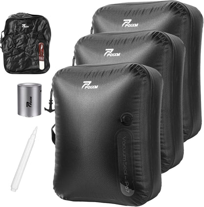 Skiennix Vacuum Bags for Travel - Reusable Compression Bags with Wireless Pump | 180° Open Zipper, IP67 Waterproof (3 Pack)