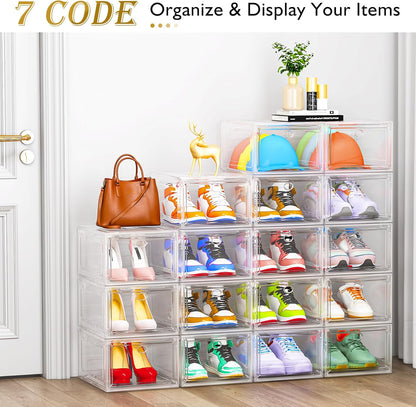 Skiennix Clear Shoe Storage Organizer - 12 Pack Stackable Plastic Boxes with Magnetic Door | Space-Saving White Design