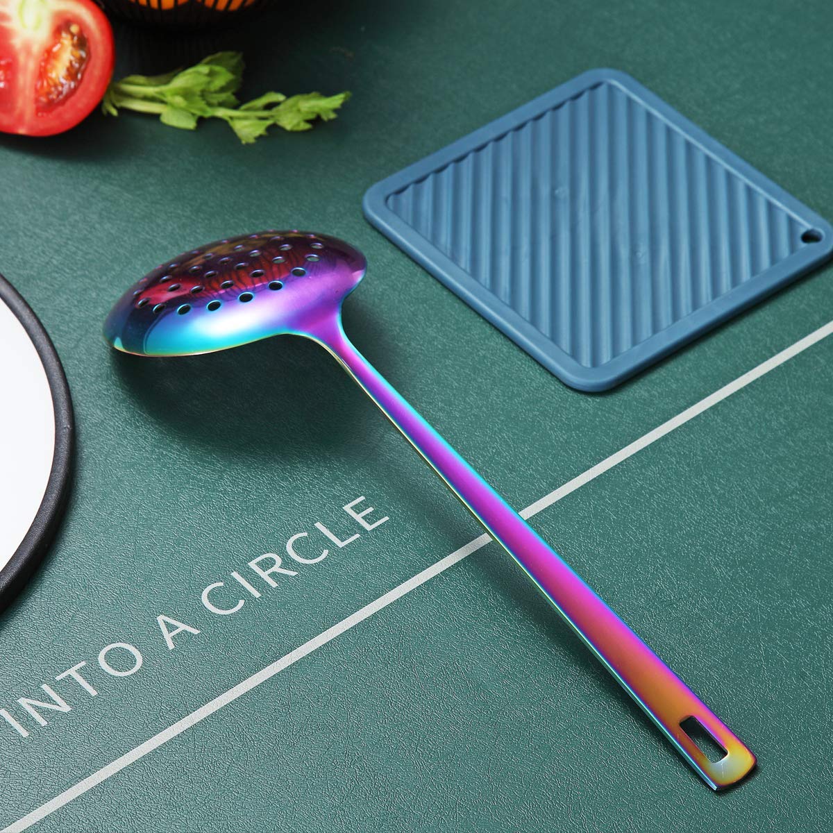 Rainbow Skimmer, Stainless Steel Metal Strainer With Titanium Rainbow Plating, Kitchen Cooking Skimmers For Non-Stick Cookware, Dishwasher Safe