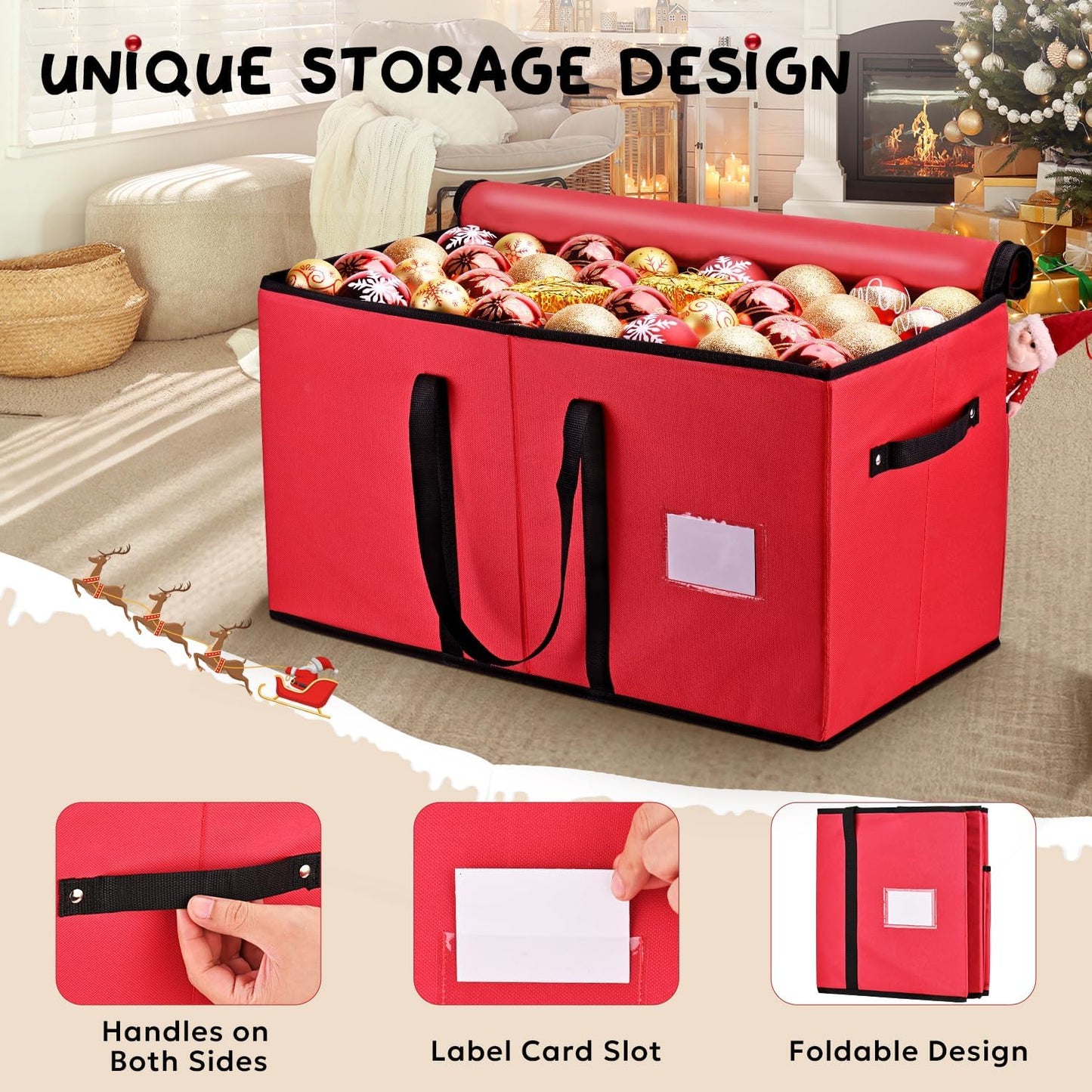 Mrrihand Ornament Storage Box - Dual Zipper Holiday Decoration Organizer for 128 3-Inch Ornaments (Red)