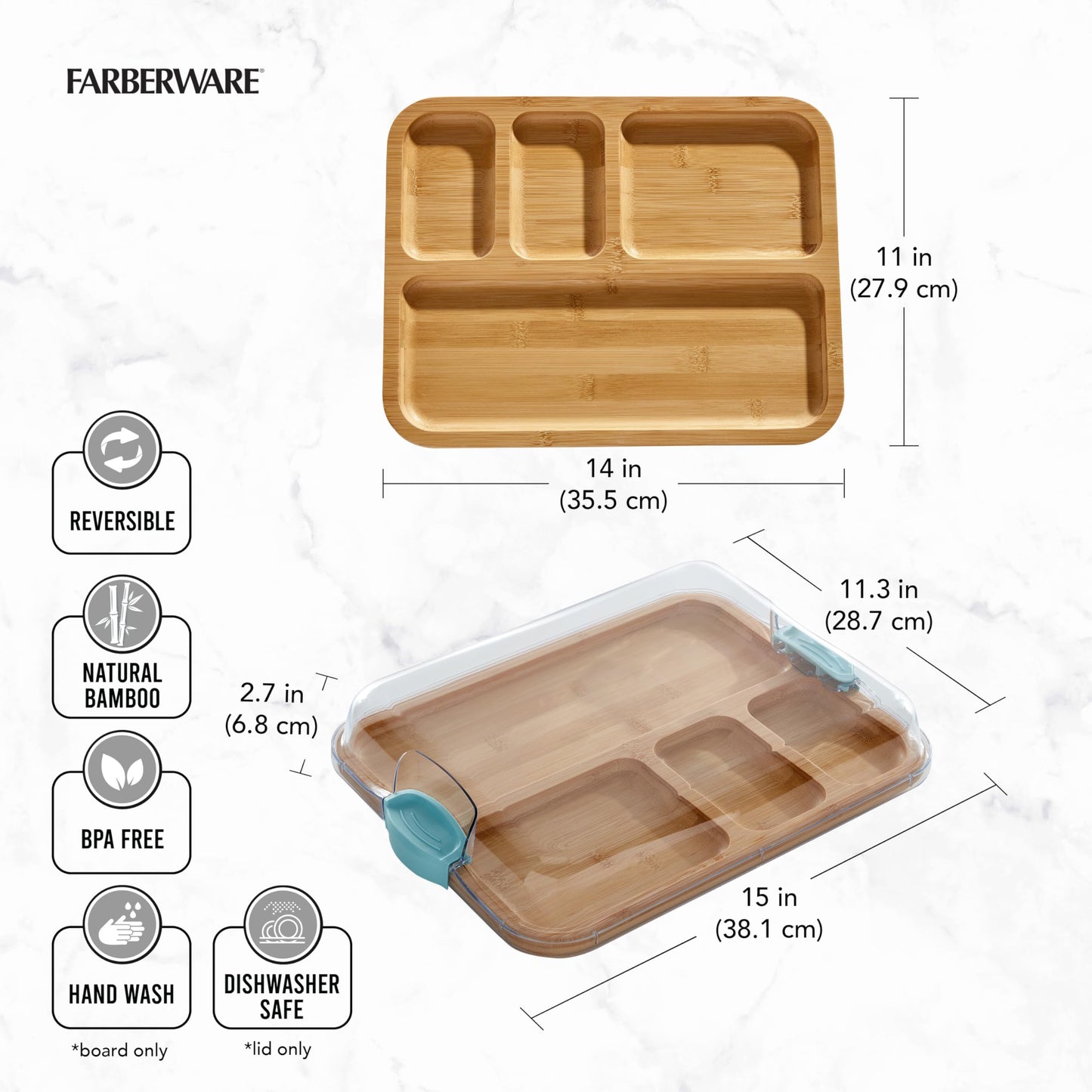 Farberware Build-A-Board Bamboo Cutting Board with Built-in Compartments and Clear Locking Lid with Blue Handles, Perfect for Charcuterie, Snacks, and More - Make it. Take it. Enjoy it, 11x14 Inches