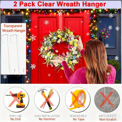 Skiennix Wreath Hanger - 12” Clear Over The Door Hooks for Easter & Christmas Decor | 2 Pack Non-Scratch Holders
