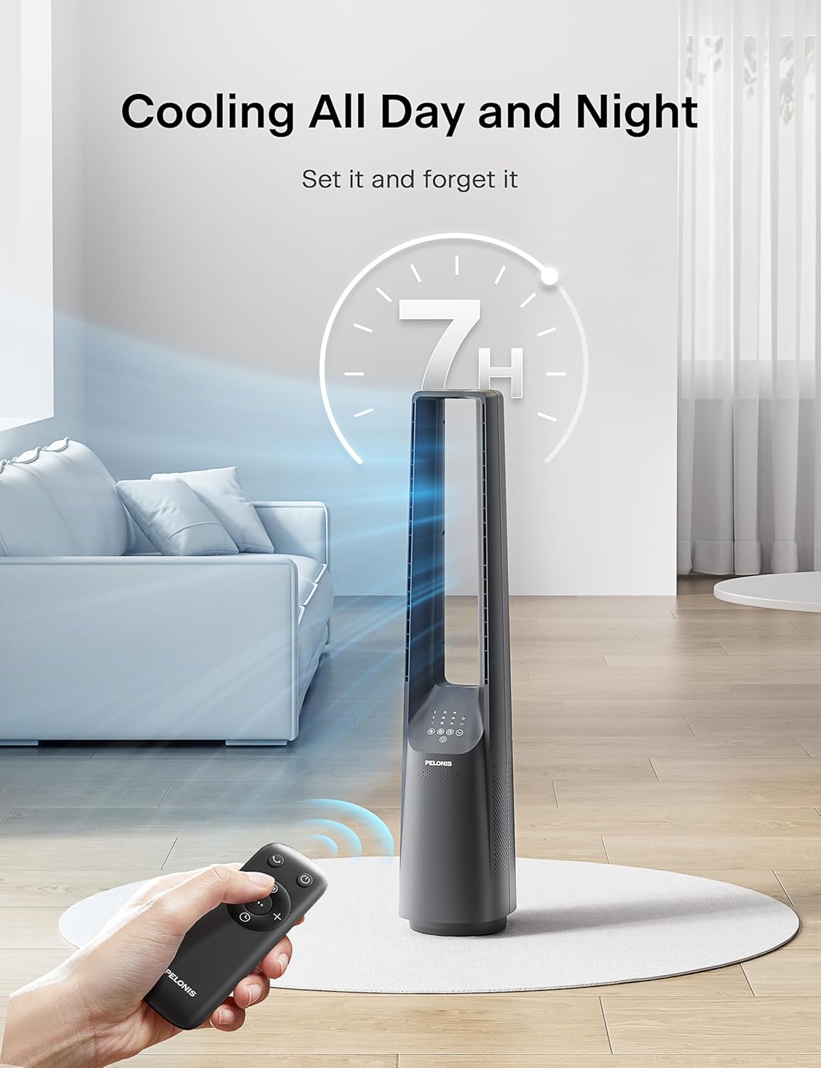 Pelonis Bladeless Tower Fan - Ultra-Quiet 22 dB, 6 Speeds, Remote Control, 90° Oscillation, 7-Hour Timer