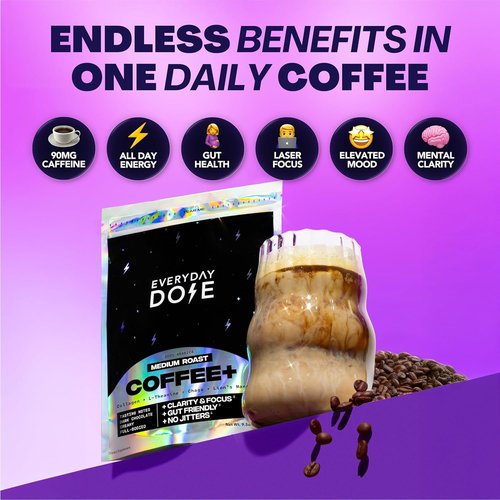 Everyday Dose Bold Medium Roast Mushroom Coffee - 90mg Caffeine, Grass-Fed Collagen & Superfoods | 30 Servings