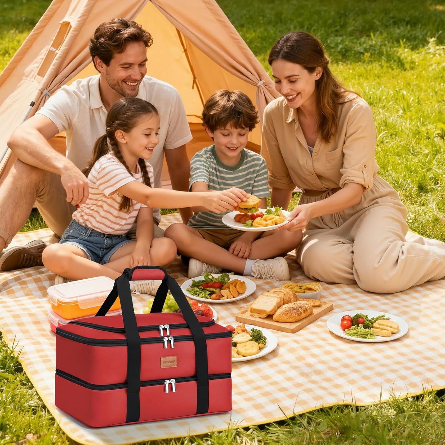 Skiennix Insulated Casserole Carrier - Double Decker Thermal Bag for Hot or Cold Food | Portable & Leakproof (Red)
