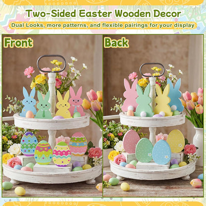 Wooden Bunny & Egg Peeps Signs by Easter Decor | 8 PCS with Hemp Rope Ribbon for Home Decor