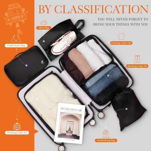 HOTOR Packing Cubes - 6 Premium Travel Organizer Bags for Space-Saving Luggage, Black