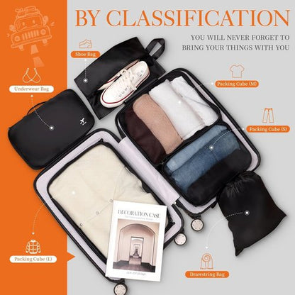 HOTOR Packing Cubes - 6 Premium Travel Organizer Bags for Space-Saving Luggage, Black