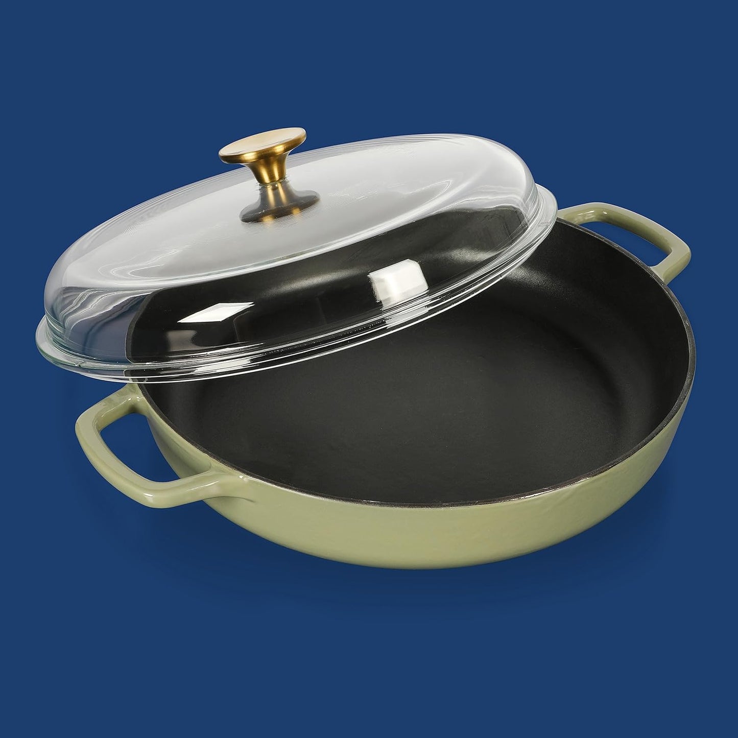 Sur La Table Enamel Cast Iron Braiser Pan - 3.75 Quart Non-Toxic Nonstick with Glass Lid | Juniper Green