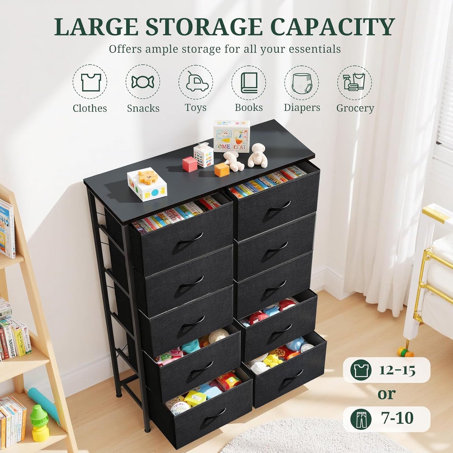 Skiennix 10-Drawer Dresser - Anti-Tip Tall Storage Organizer with Wooden Top & Metal Frame | Black
