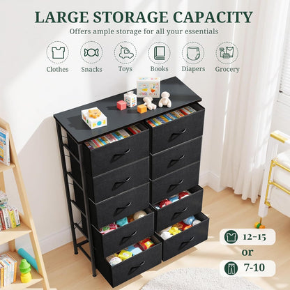 Skiennix 10-Drawer Dresser - Anti-Tip Tall Storage Organizer with Wooden Top & Metal Frame | Black