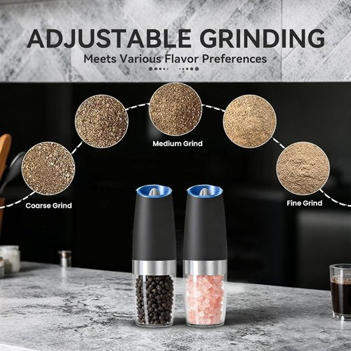 Gravity Electric Salt and Pepper Grinder Set - Automatic, Adjustable Coarseness, LED Light | 2 Pack (Black)