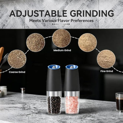 Gravity Electric Salt and Pepper Grinder Set - Automatic, Adjustable Coarseness, LED Light | 2 Pack (Black)