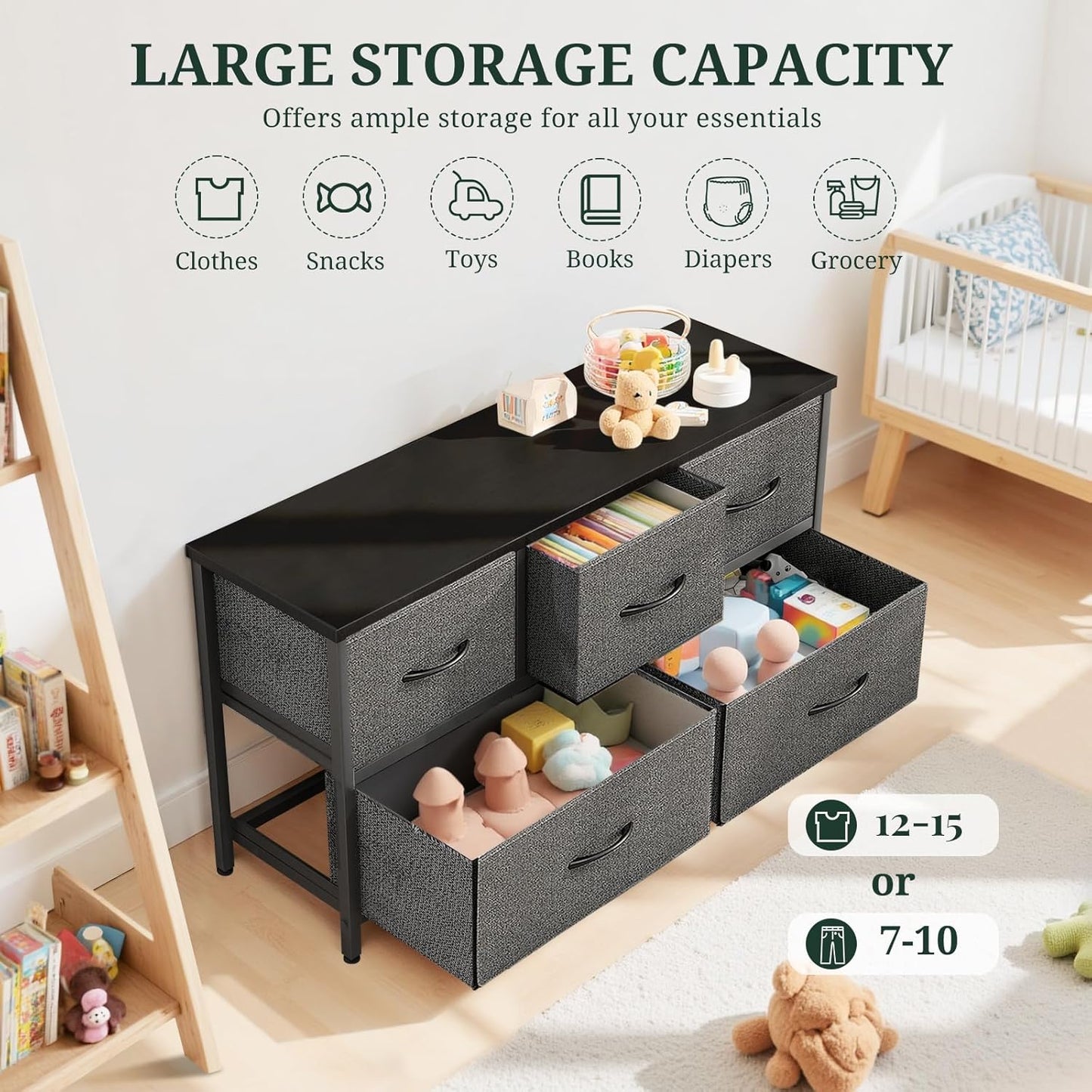 Regine Switzerland 5-Drawer Dresser - Anti-Tip Fabric Storage Organizer with Wooden Top | Gray