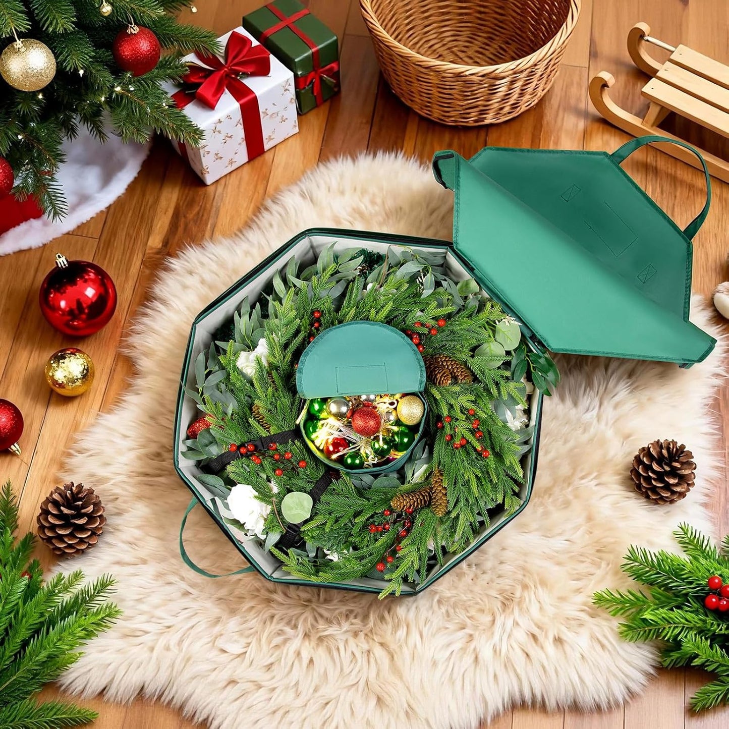 BrilliantJo Wreath Storage Bag - Hard Shell Christmas Decoration Case with Pockets | 24-Inch Green 600D Oxford Fabric