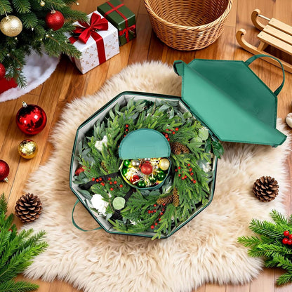 BrilliantJo Wreath Storage Bag - Hard Shell Christmas Decoration Case with Pockets | 24-Inch Green 600D Oxford Fabric