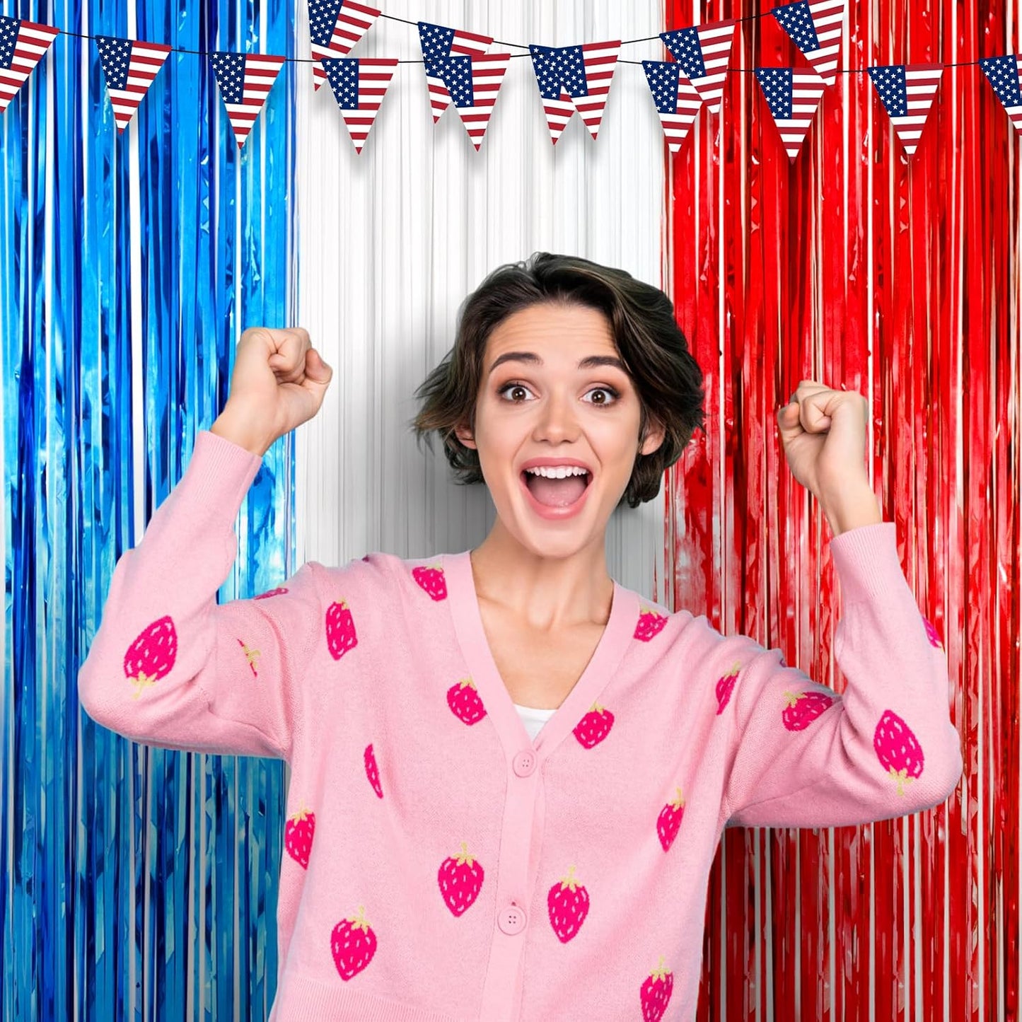 Voircoloria Red, White & Blue Foil Fringe Backdrop Curtains - 3 Pack Tinsel Streamers for Patriotic Celebrations | 3.3 x 8.2 ft