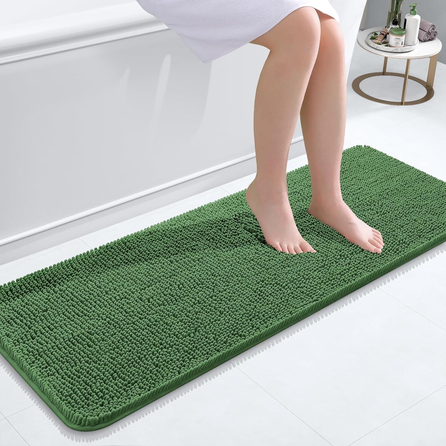 OLANLY Bathroom Runner Rugs - Soft Absorbent Chenille with Rubber Backing | 47x17 Inches, Olive Green