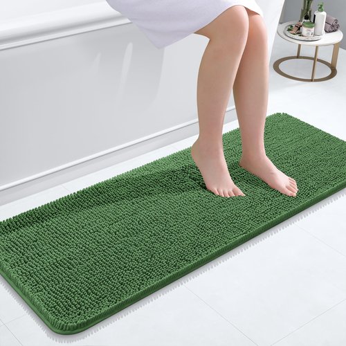 OLANLY Bathroom Rugs 47x17, Extra Soft Absorbent Chenille Bath Rugs, Rubber Backing Quick Dry, Machine Washable Bath Mats for Bathroom Floor, Tub and Shower, Home Decor Accessories, Olive Green