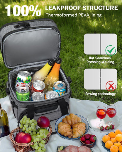 Skiennix Insulated Lunch Box - Dual-Compartment Cooler Bag for Adults | Expandable & Leakproof, Grey 24-Can (14L)