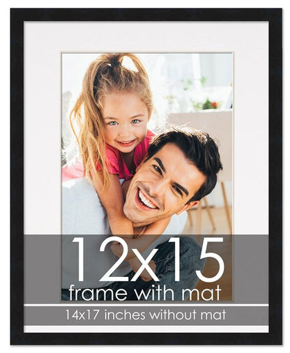 12x15 Frame with Mat - Black 14x17 Frame Wood Made to Display Print or Poster Measuring 12 x 15 Inches with White Photo Mat