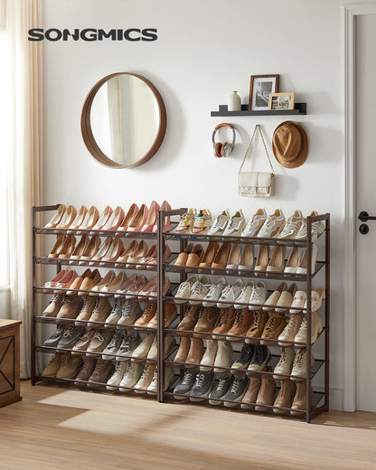 SONGMICS Shoe Rack, 12-Tier Shoe Organizer, Metal Rack for Garage, Set of 2, 6-Tier Stackable Shelf, with Adjustable Flat or Angled Shelves, Holds 48-60 Pairs, Bronze ULMR12A