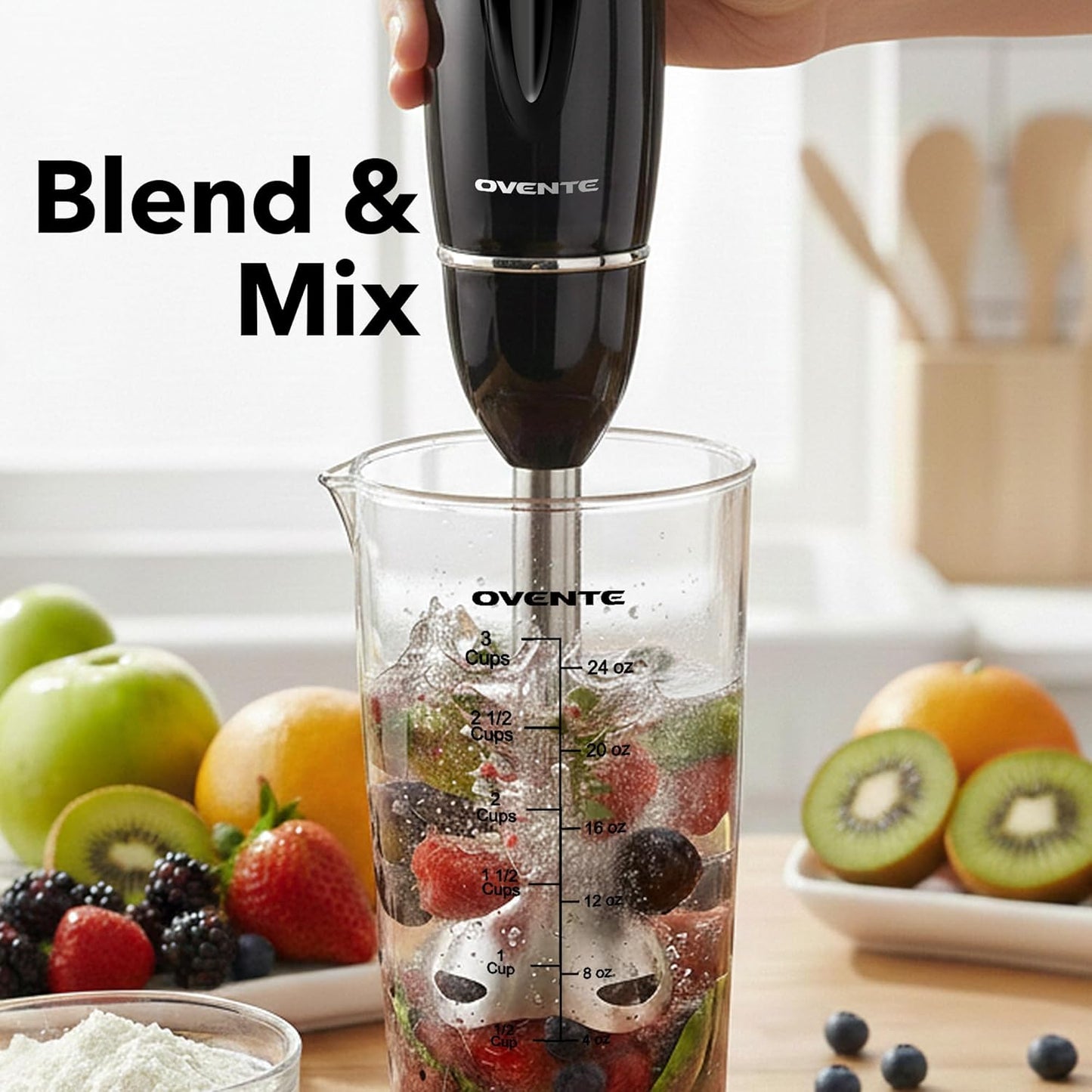 OVENTE Immersion Hand Blender Set - 300W Electric Stick Mixer with Stainless Steel Blades & Whisk, Black