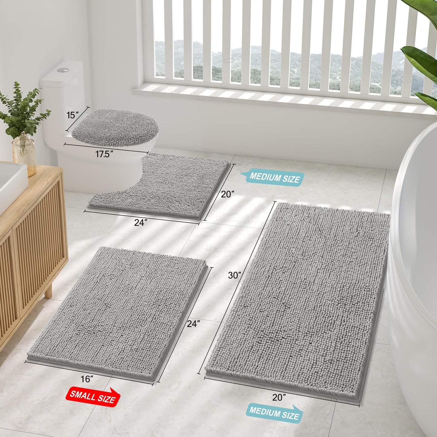 Smiry Bathroom Rugs Sets 2 Piece, Soft Absorbent Chenille Machine Washable Non Slip Shaggy Bath Rug Set for Tub, Shower, and Floor (30x20+24x16, Light Grey)