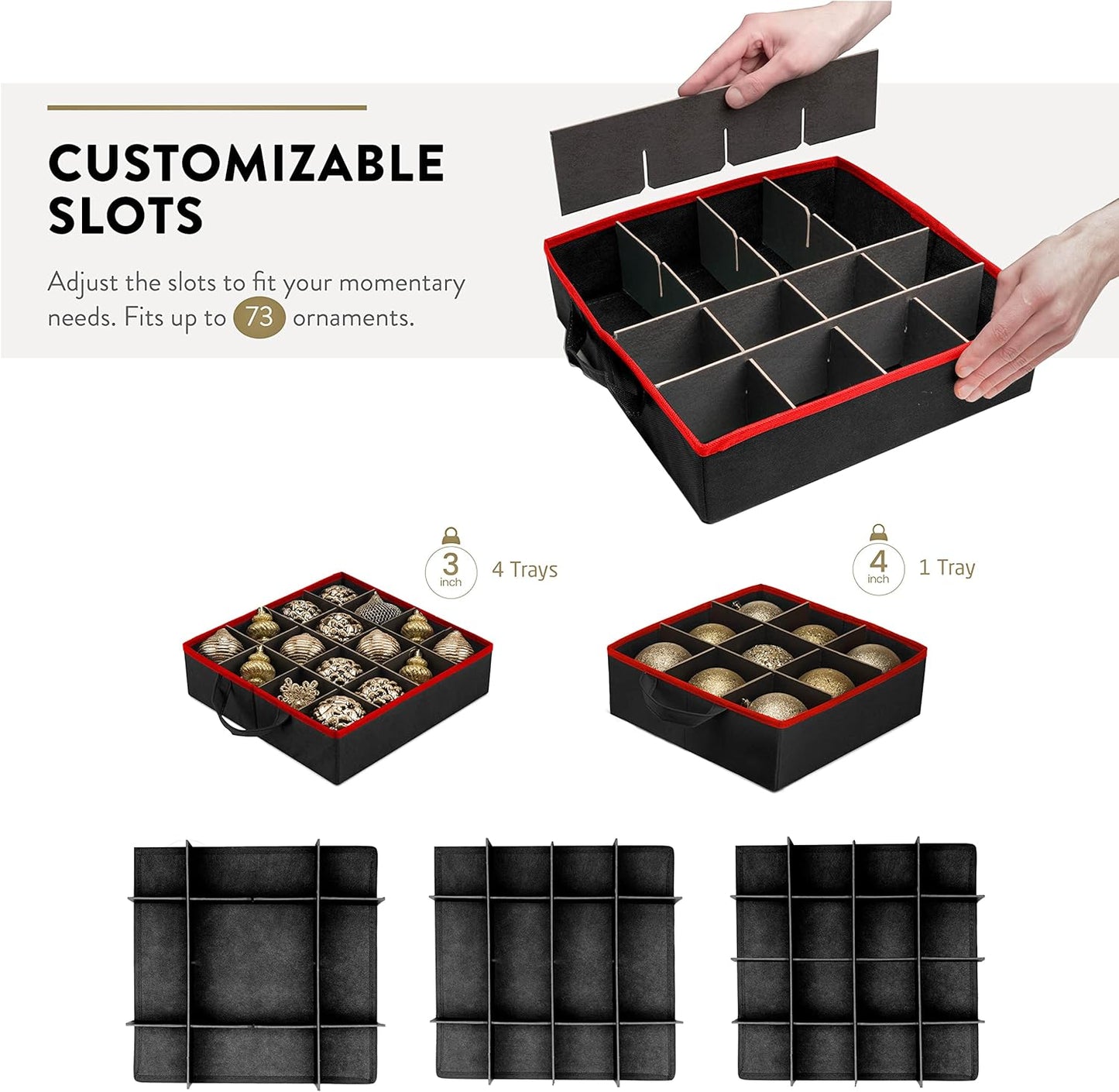ZOBER Christmas Ornament Storage Box - Easy Access Removable Trays for 73 Ornaments | Adjustable Black Container