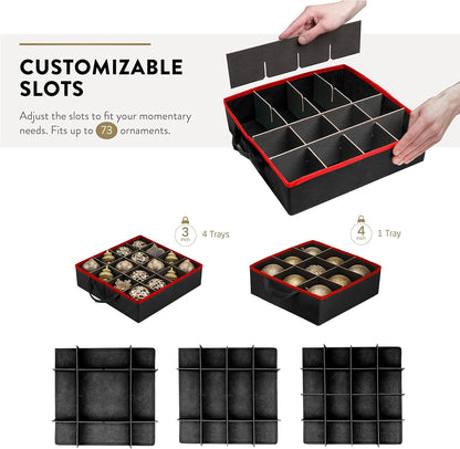 ZOBER Christmas Ornament Storage Box - Easy Access Removable Trays for 73 Ornaments | Adjustable Black Container