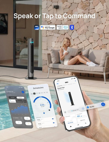 DREO Smart Tower Fan for Indoor & Outdoor Use, 33 ft/s High Velocity, 12 Speeds, 4 Modes Standing Floor Fan, 150° Customizable Oscillating, 20 dB Quiet DC Motor for Bedroom, Weather Resistant