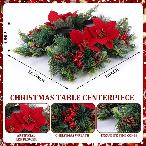 Kathfly 20" Christmas Poinsettia Centerpiece - Elegant Holiday Table Decoration with Candle Holders & Red Flowers