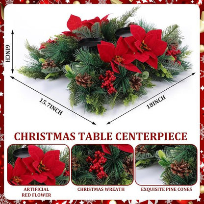 Kathfly 20" Christmas Poinsettia Centerpiece - Elegant Holiday Table Decoration with Candle Holders & Red Flowers