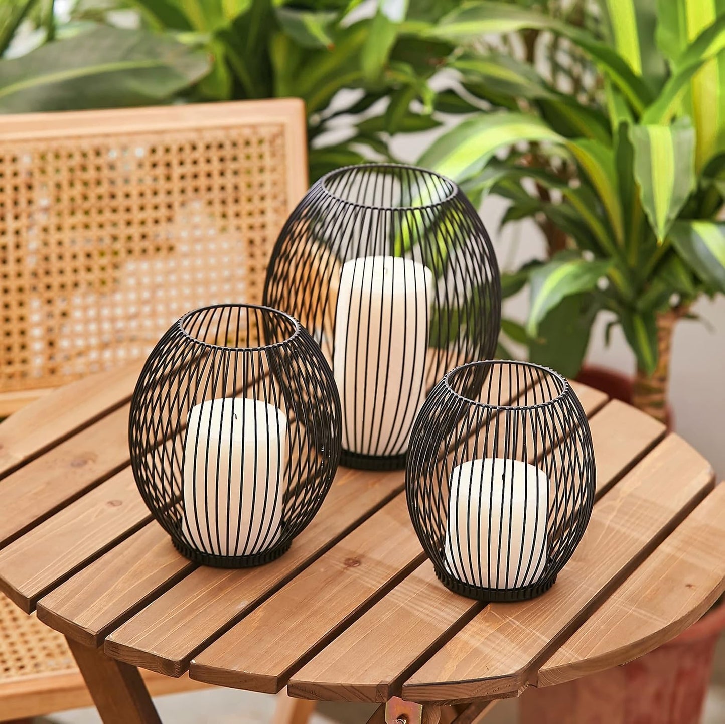OLEEK Outdoor Candle Holders - Black Wire Pillar Holder for Patio & Table Centerpiece - Iron Lantern Decor