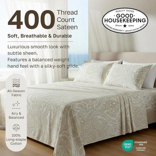 California Design Den Twin Size Cotton Sheets Set - 100% Soft Cotton, 400 Thread Count, Award-Winning Sateen Finish - Paisley Beige
