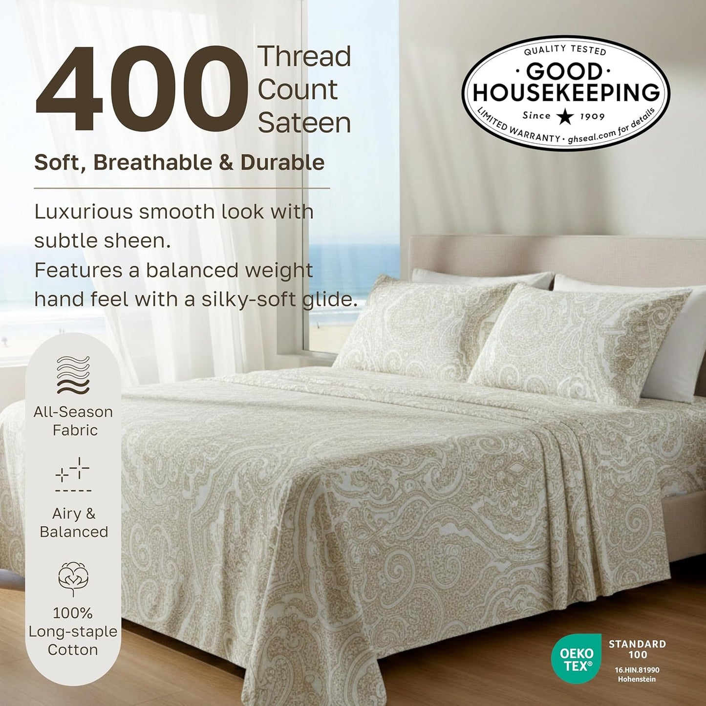 California Design Den King Size Cotton Sheets Set - 100% Soft Cotton, 400 TC, Award-Winning Comfort | Paisley Beige