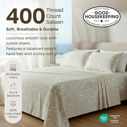 California Design Den King Size Cotton Sheets Set - 100% Soft Cotton, 400 TC, Award-Winning Comfort | Paisley Beige