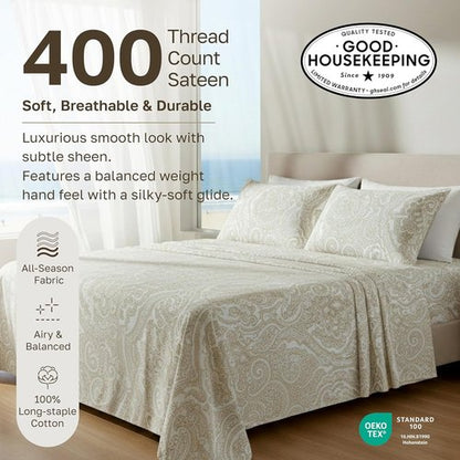 California Design Den 100% Cotton Full Size Sheet Set - 400 TC, Award-Winning Sateen Finish, Deep Pockets, Paisley Beige