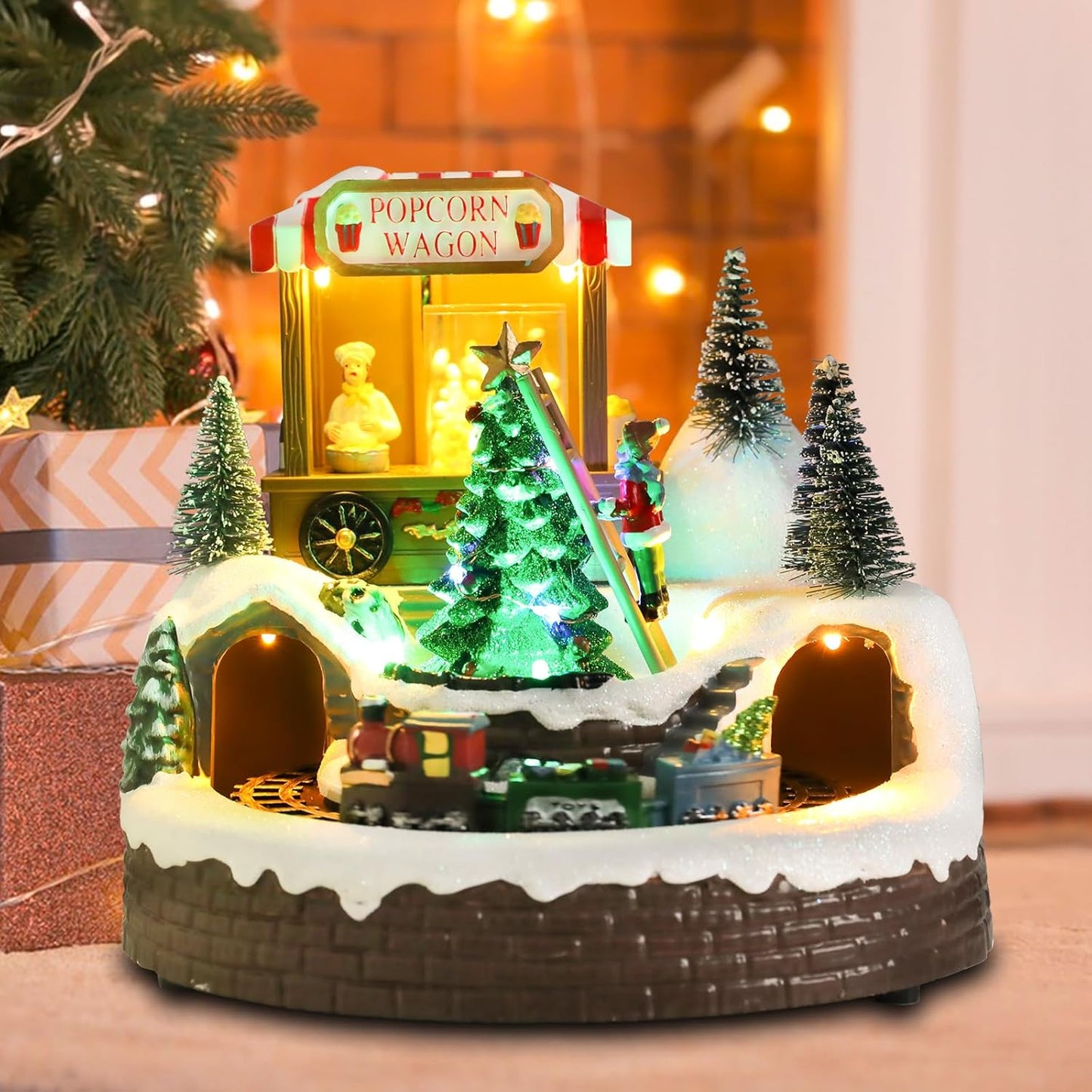 Afirst Christmas Village Houses - Lighted Musical Train Set with Popcorn Wagon & Rotating Xmas Tree | Indoor Display Decor